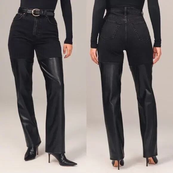[Abercrombie & Fitch] Black Mixed Fabric 90s Straight Ultra High Rise Jeans 33L - Picture 1 of 11